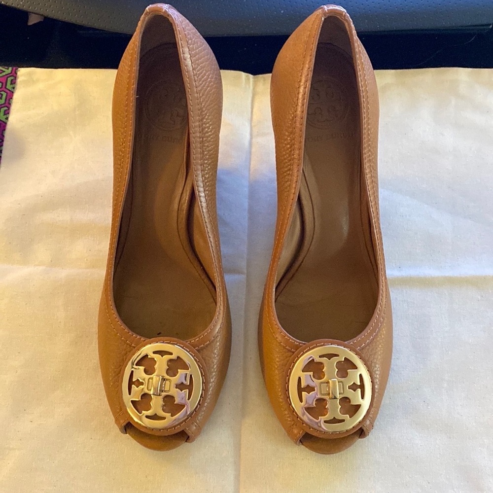 Tory Burch tan Peep toe wedge heels size 9